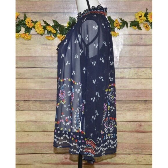 Cabi Sheer Blue Floral Long Sleeve Blouse Top Size S Tie Tassel Neckline Career - Picture 5 of 11